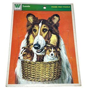 Vintage 1973 Whitman Cardboard Frame-Tray Puzzle Lassie with Basket of Puppies